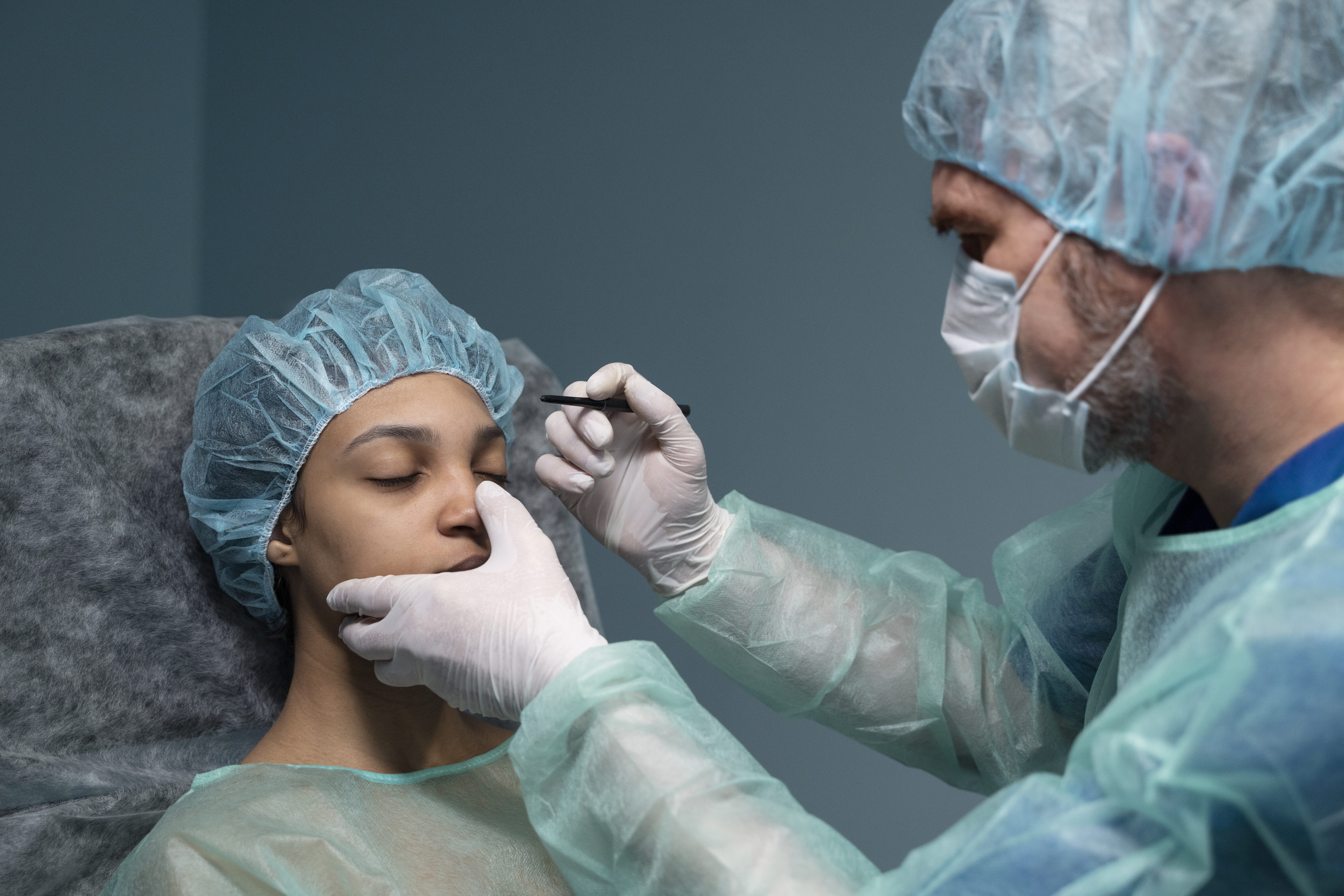Doctor checking patient before rhinoplasty side view