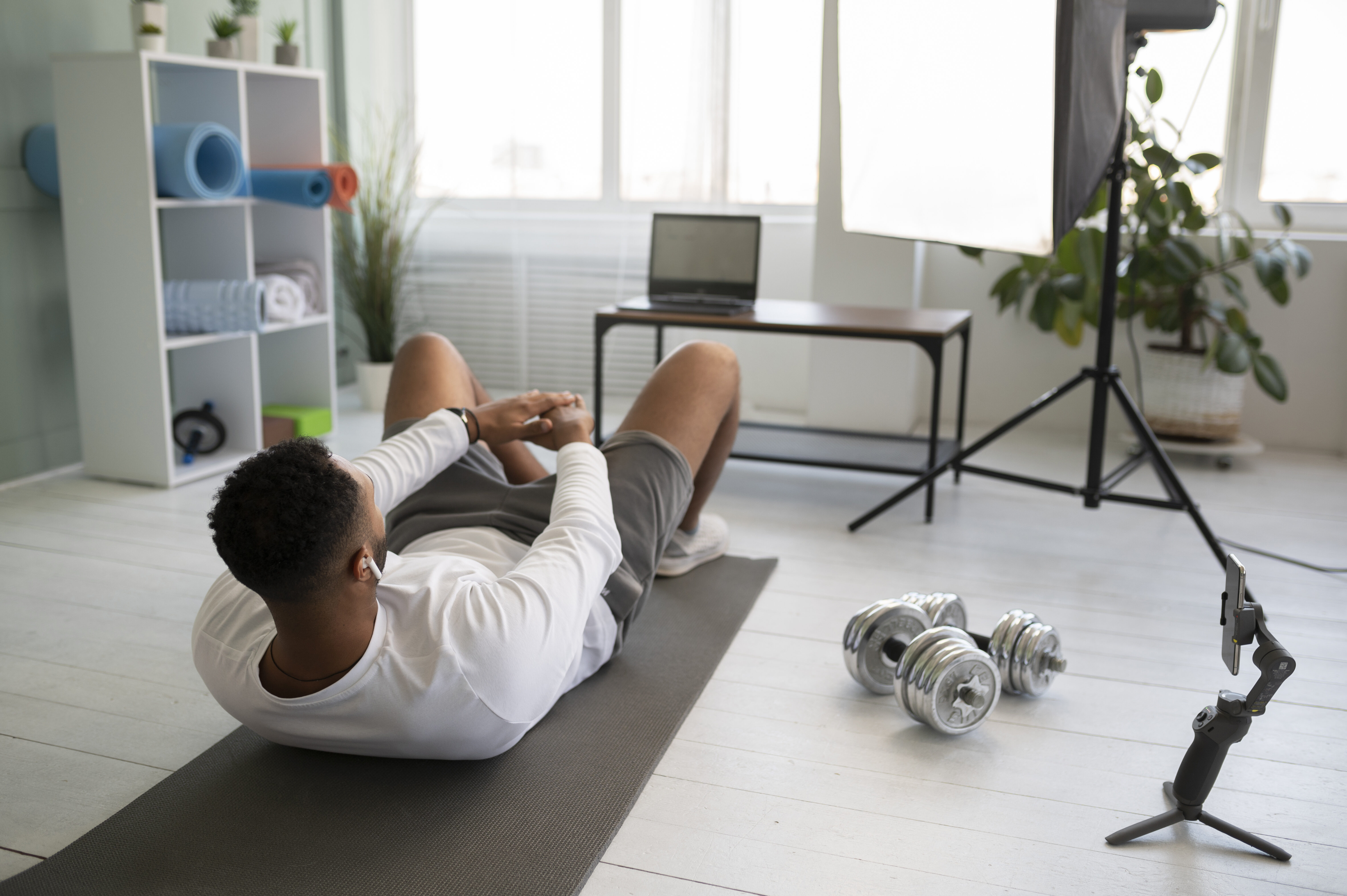 Full shot man training yoga mat